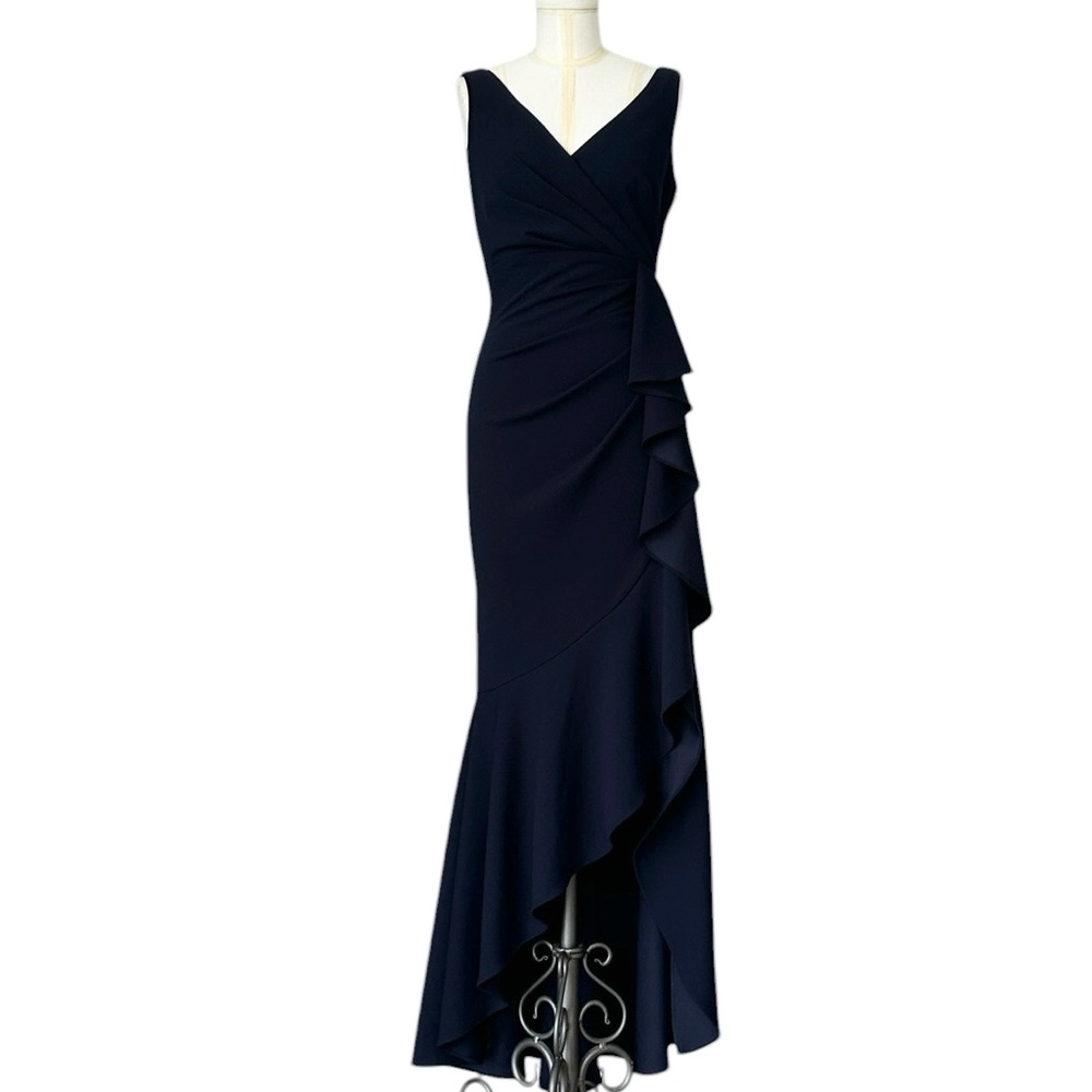 Betsy & Adam Candace Long V-neck Hi Low Cascade Dress Front Ruffle Navy Size 4 - Picture 5 of 15